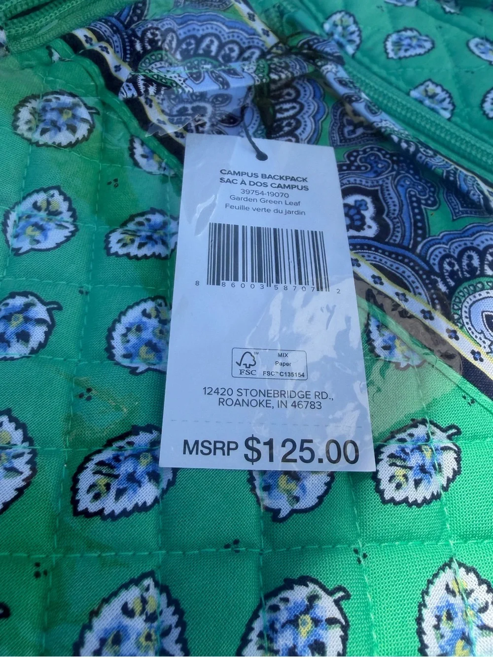 Vera Bradley Campus Backpack Garden Green Leaf NWT
